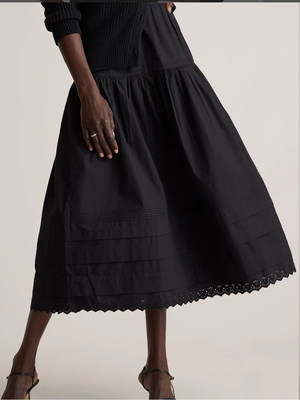 Quince Black Tiered Midi Skirt with Lace Trim - Picture 2 of 11